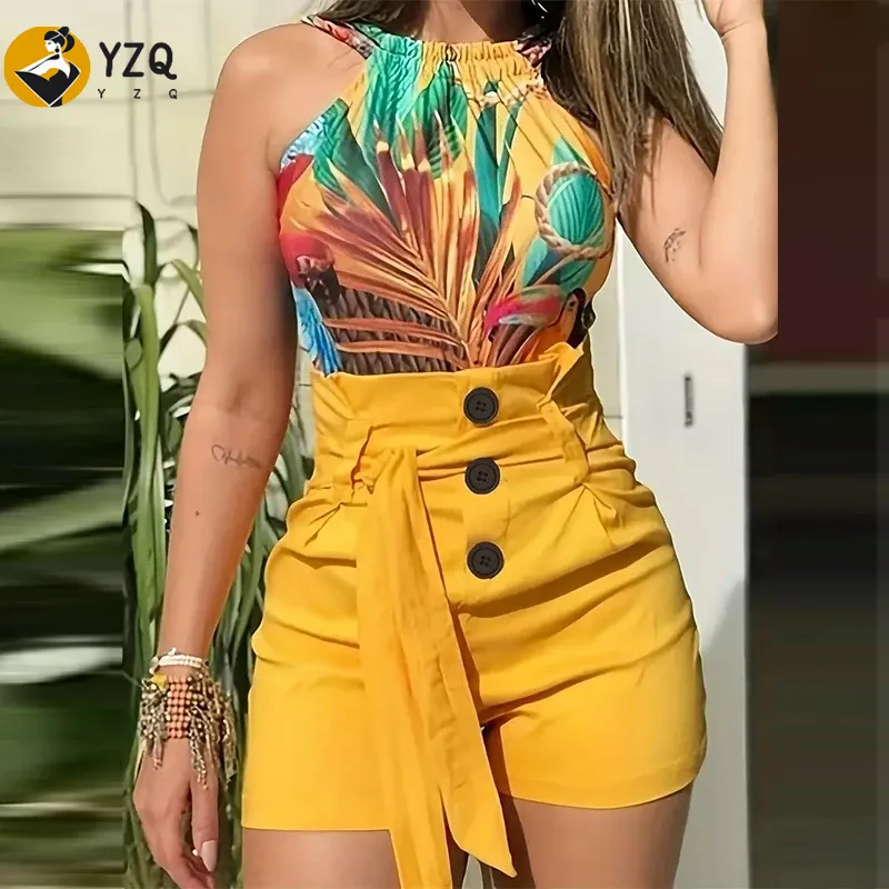 Summer Zara - Y2K katı düğme ön şort kravat